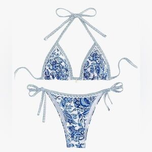 NWOT - Blue and White - Floral Bikini - Size Medium - Brand Unknown